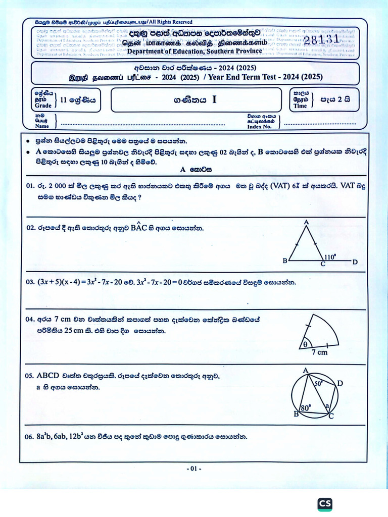 Southern Province Grade 11 Maths 2024 (2025) | PDF