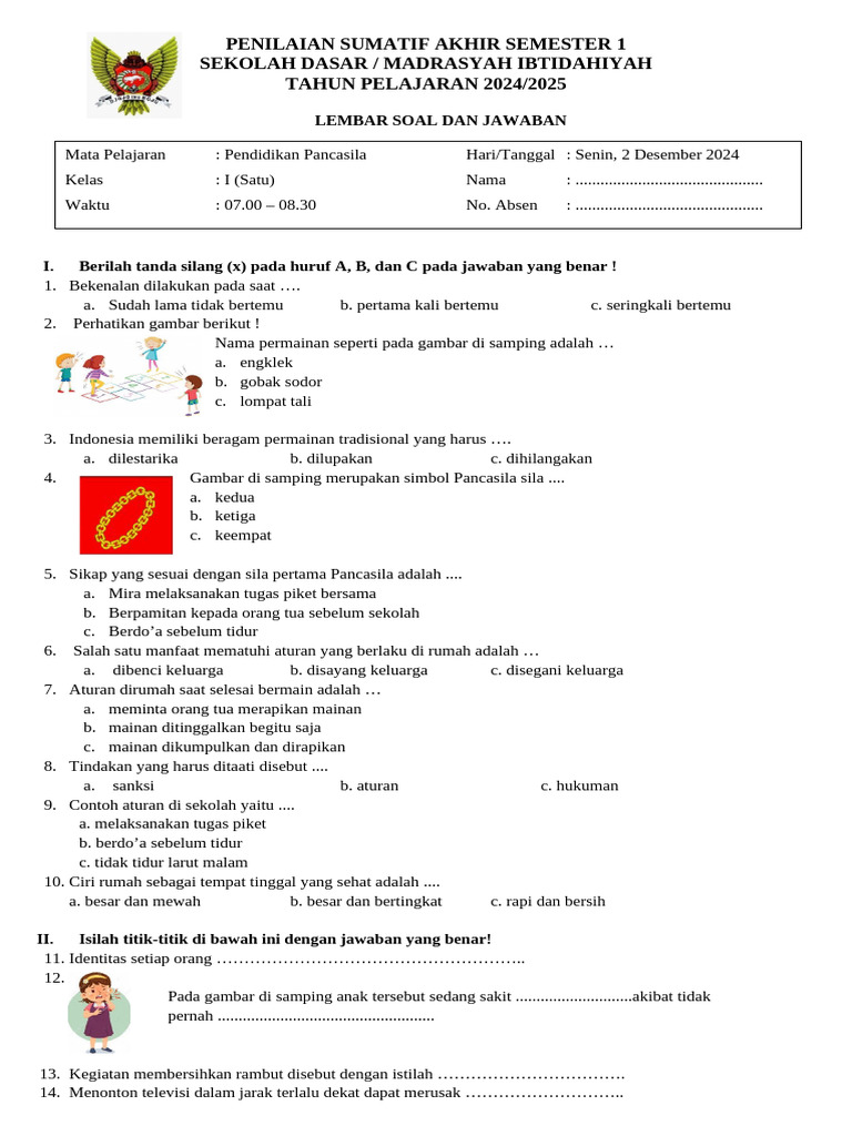 Soal dan Kunci Pancasila Kelas 1 | PDF