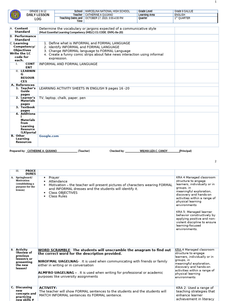 Grade 9 English Lesson on Language Styles | PDF | Learning | Teachers