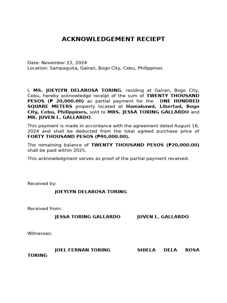 Acknowledgment Receipt for Property Payment | PDF