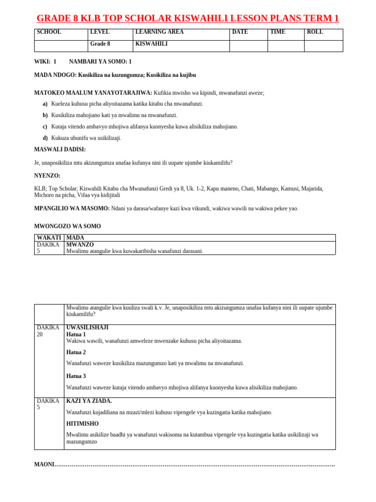 Grade 8 KLB Kiswahili Lesson Plans Term 1 | PDF