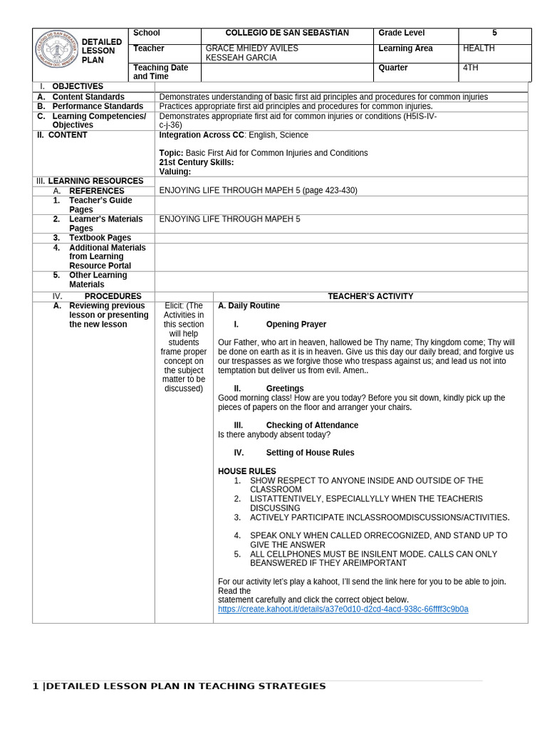 Basic First Aid Lesson Plan for Grade 5 | PDF | Lord's Prayer | Learning