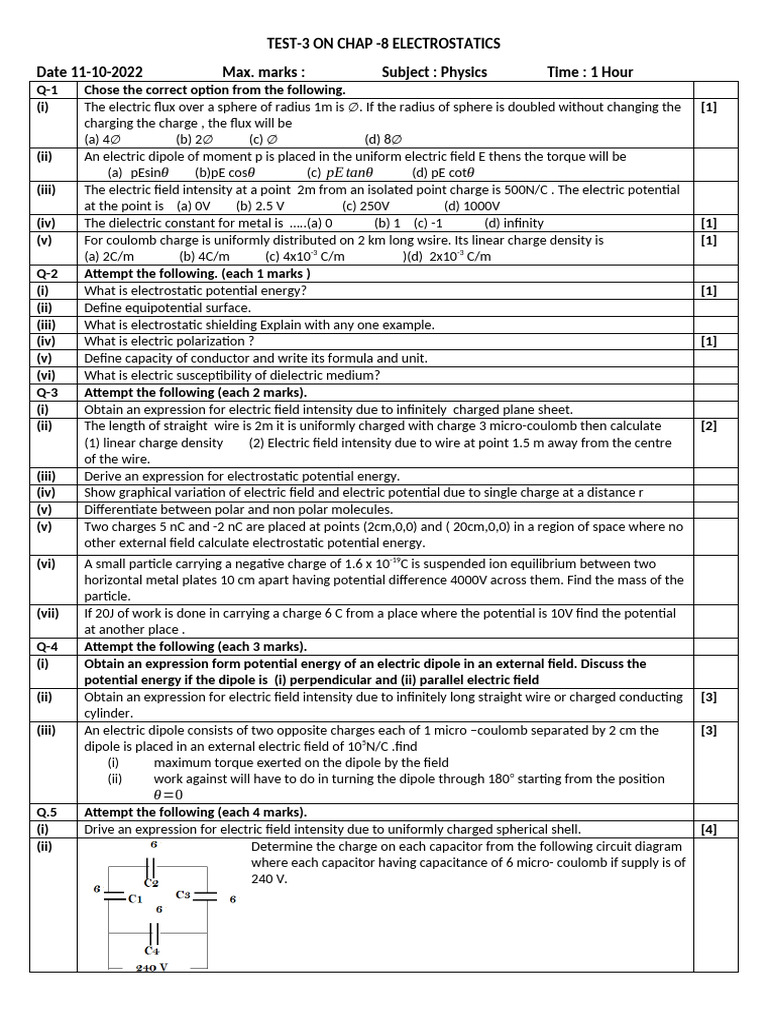 Physics Test: Electrostatics Quiz | PDF | Electric Field | Potential Energy