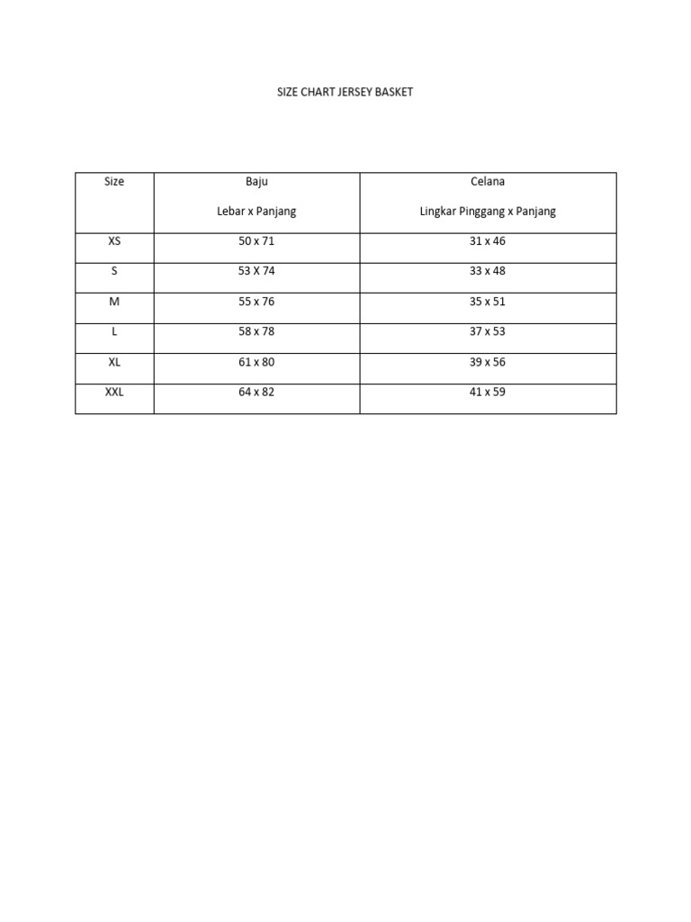 Jersey Basketball Size Chart | PDF