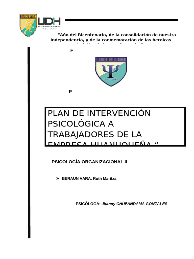 Plan de Intervencion Psicologica Beraun Vara | PDF | Business | Simulación