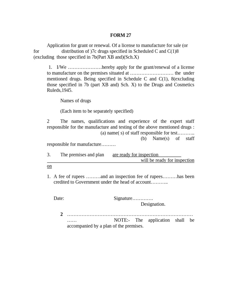 Form 27: Drug Manufacturing License Application | PDF