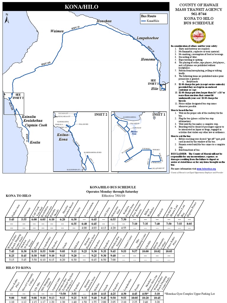 Kona to Hilo Bus Schedule Details | PDF | Public Transport | Public ...