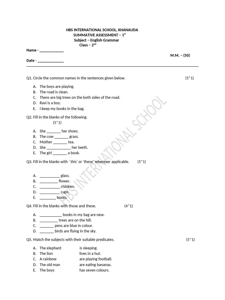 Class 2 English Grammar Assessment | PDF | Language Mechanics | Linguistics