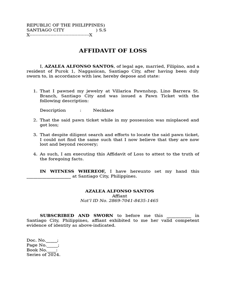 Affidavit of Loss for Pawn Ticket | PDF