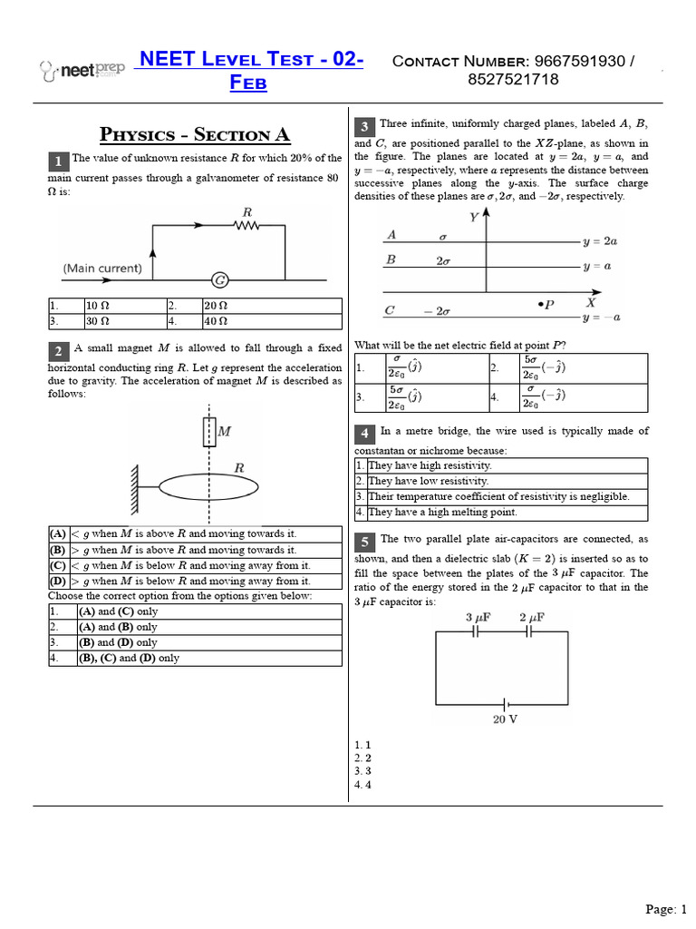 NEET Physics Test: Concepts & Problems | PDF | Inductance | Electrical ...