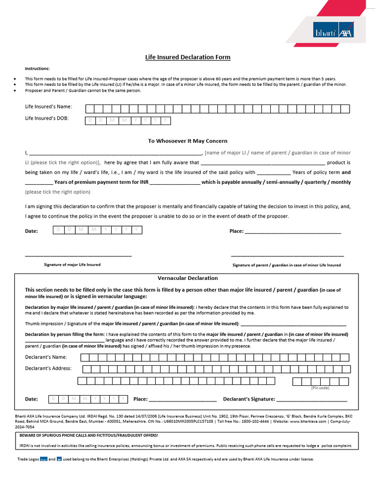 Life Insured Declaration Form | PDF | Financial Risk | Financial Services