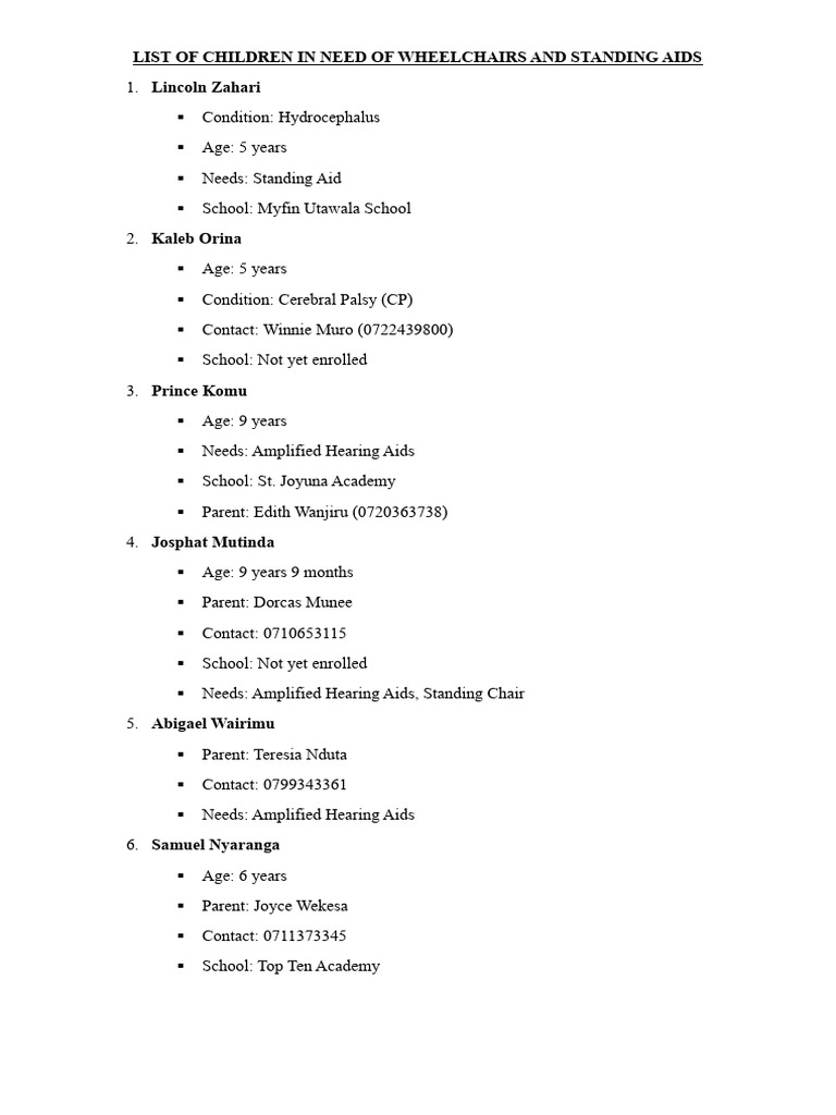 List of Children in Need of Wheelchairs and Standing Aids | PDF ...