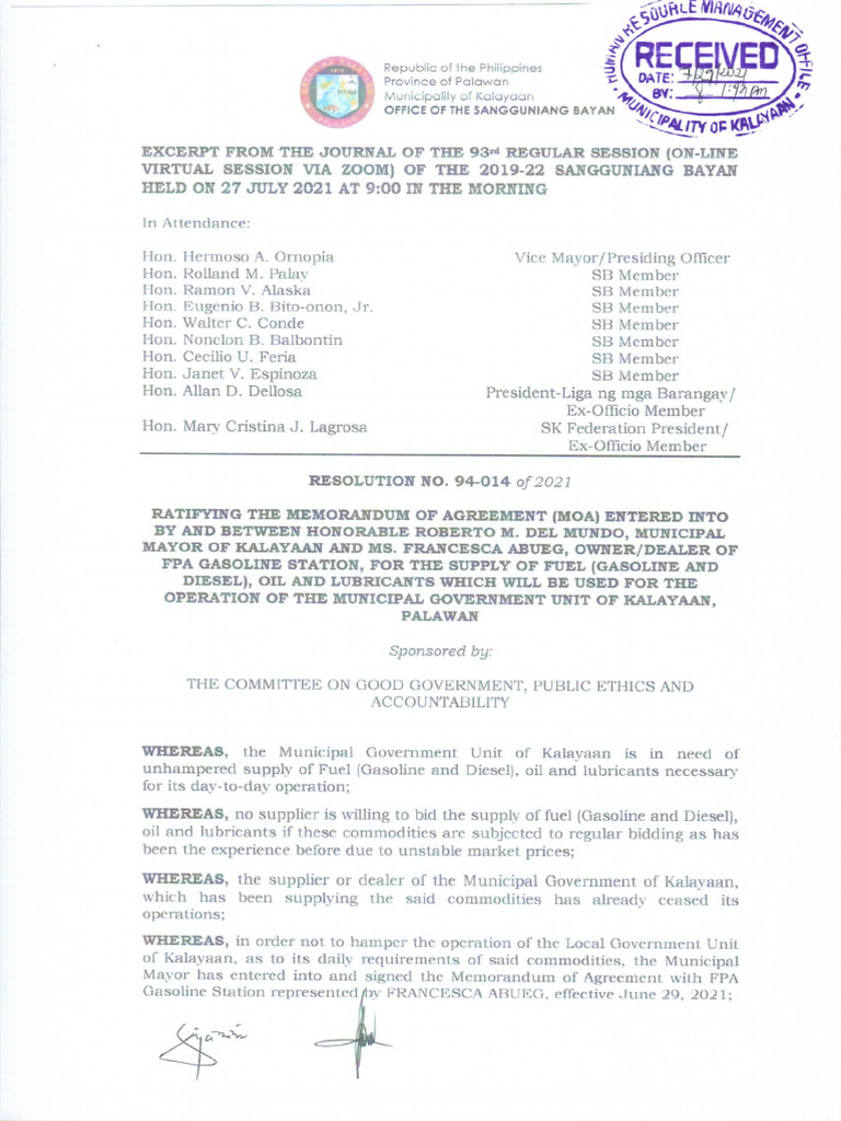 Resolution No. 94-014 Moa With Fpa Gasoline Station | PDF