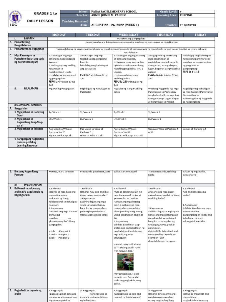 DLL Filipino 5 q1 w1 | PDF