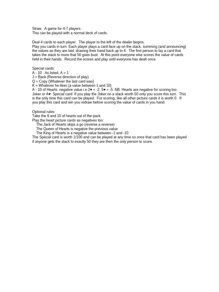 Straw Card Game Rules for 4-7 Players | PDF