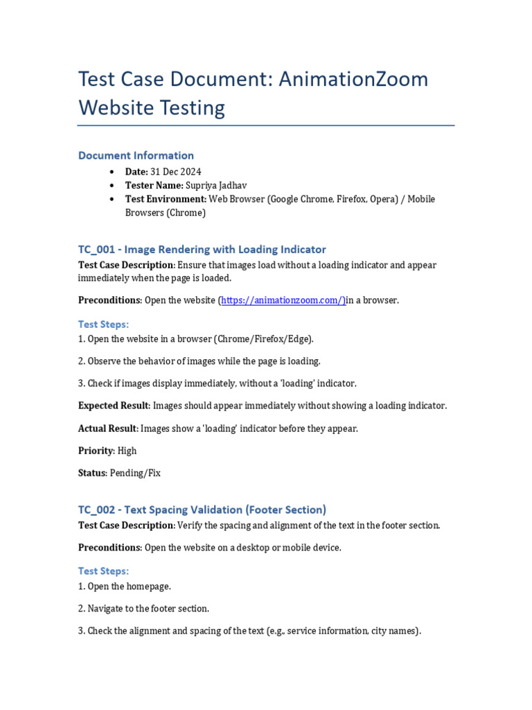 AnimationZoom Website Test Cases Summary | PDF | Computing | Cyberspace