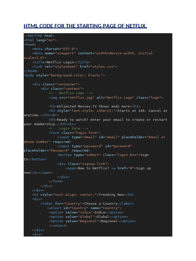 Netflix Login Page HTML & CSS Code | PDF | Software | World Wide Web