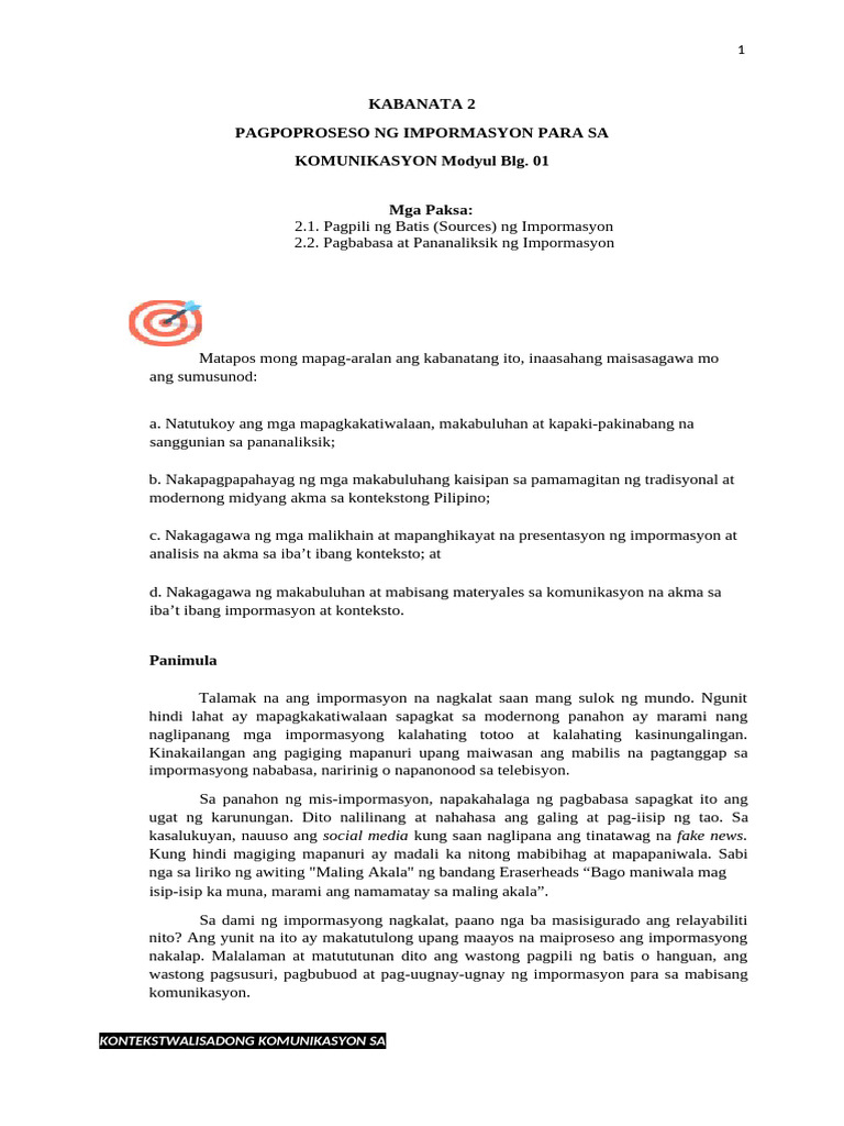 FIL 1 Kabanata 2 Modyul 1 | PDF