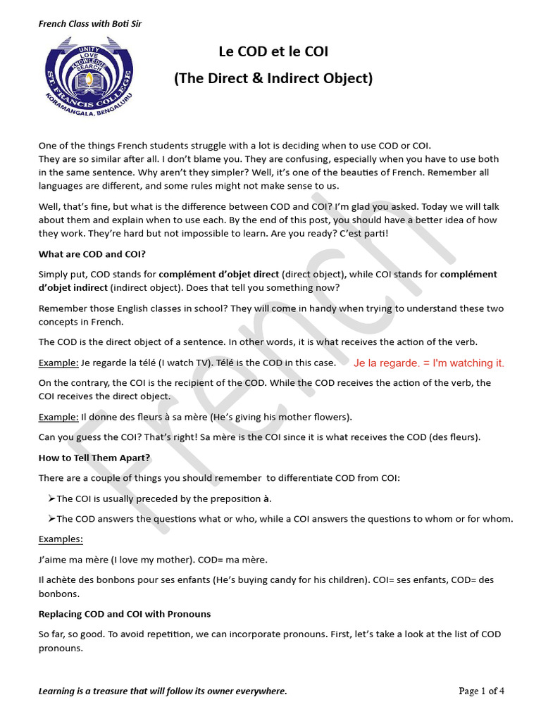 Understand COD and COI in French | PDF | Subject (Grammar) | Verb