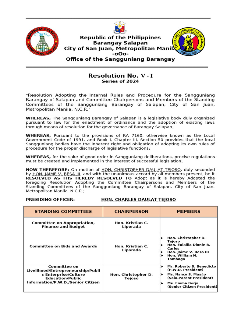 Resolution V - I INTERNAL RULES AND COMMITTEE | PDF | Quorum | Committee
