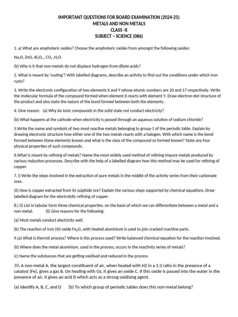Board Exam Questions: Metals & Non-Metals | PDF | Chemical Compounds ...