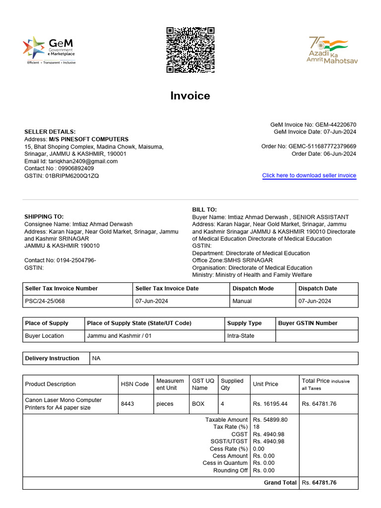 GST Invoice for Canon Printers Purchase | PDF | Invoice | Public Finance