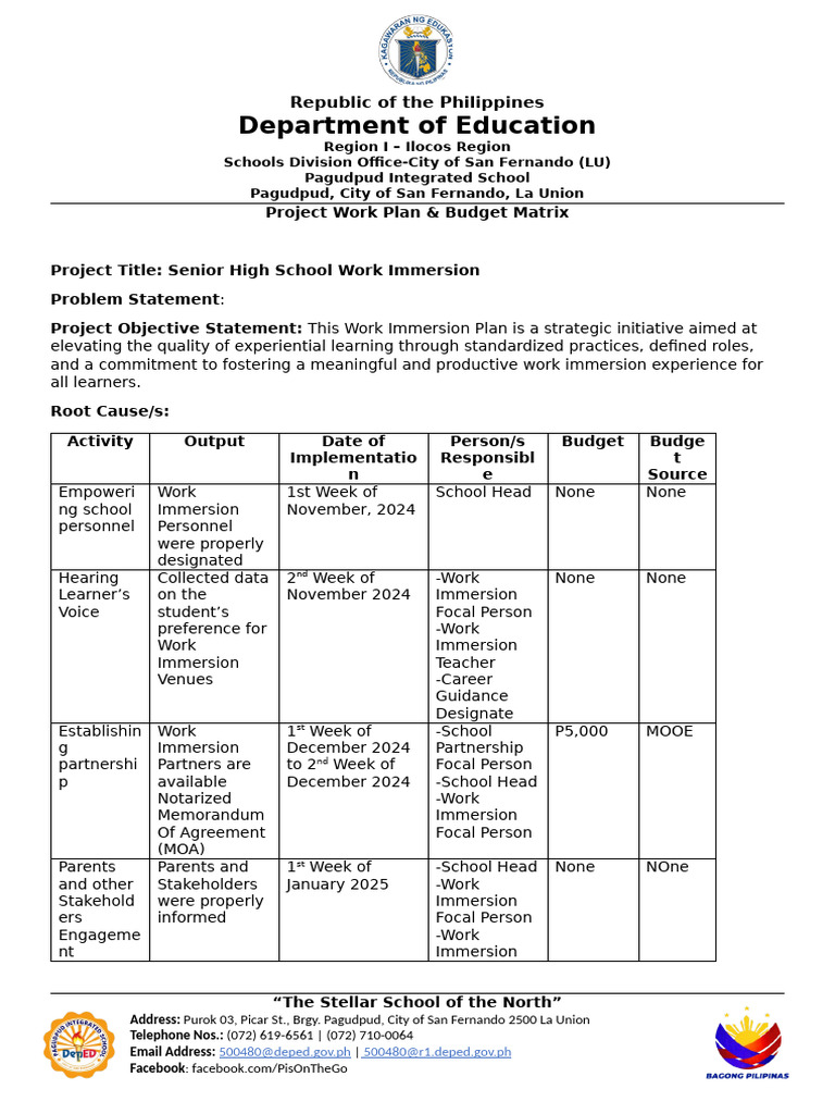 Senior High School Work Immersion Plan | PDF | Learning