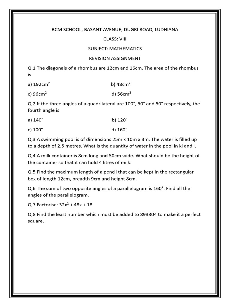 Grade 8 Maths Term 3 Assignment | PDF