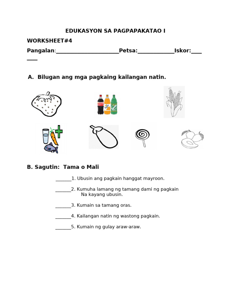 Worksheet in Edukasyon Sa Pagpapakatao I Final 4 | PDF