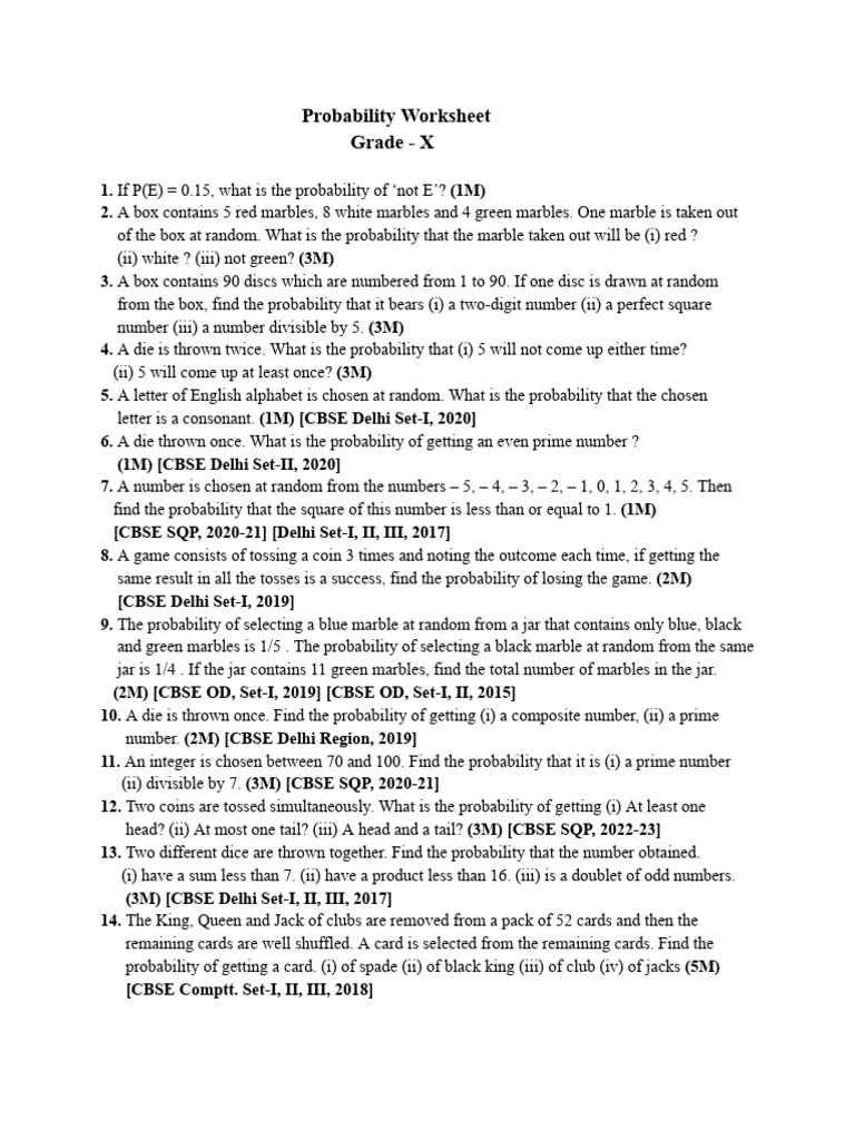 Grade X Probability Worksheet | PDF | Odds | Probability