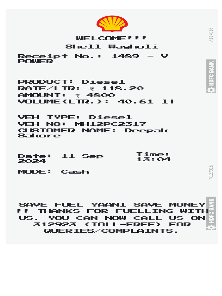 Diesel Fuel Receipt - Shell Wagholi | PDF