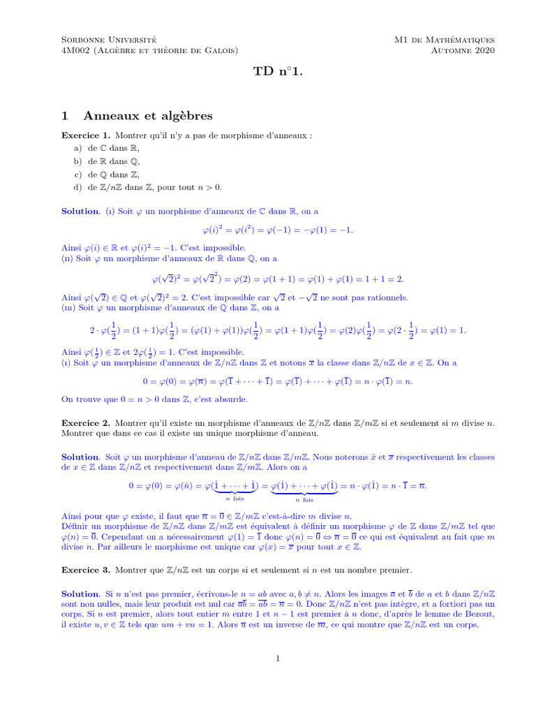 Morphismes d'anneaux et corps en algèbre | PDF | Corps commutatif ...
