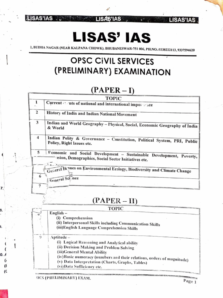 OPSC Preliminary Exam Syllabus Overview | PDF