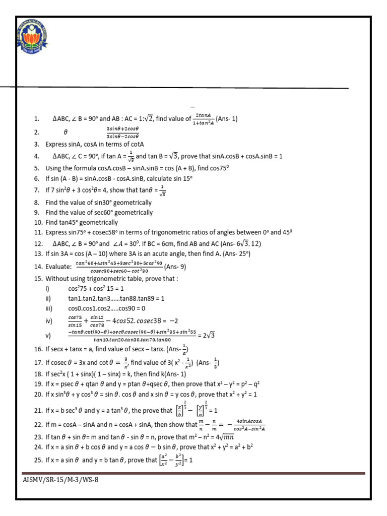 Grade 8 Trigonometry Worksheet | PDF | Trigonometry | Rotation