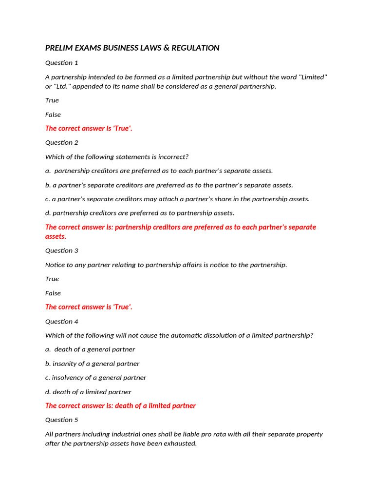 Business Laws & Regulations Exam Guide | PDF | Partnership | Limited ...