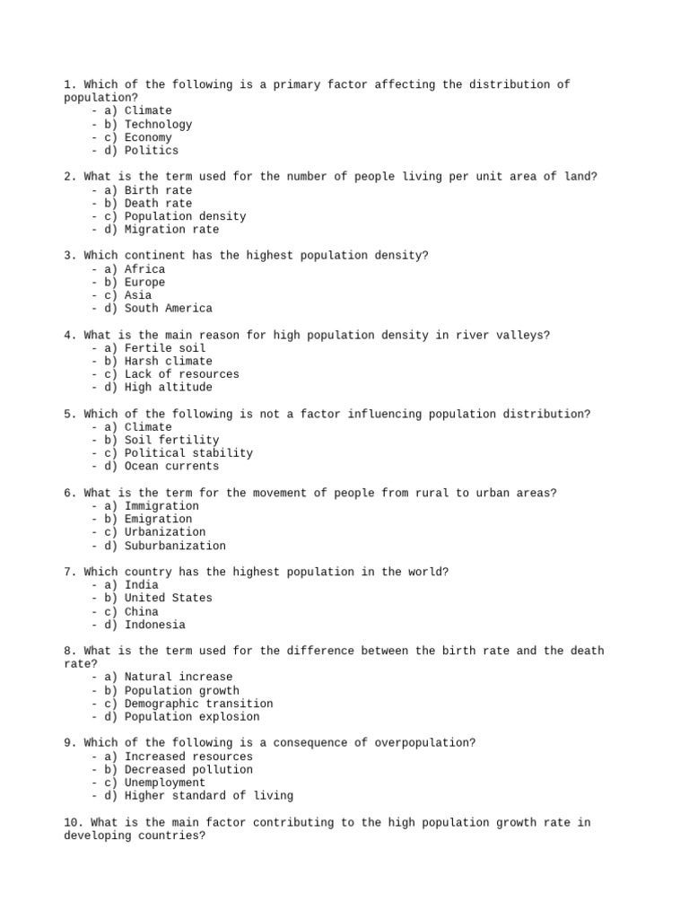 Population Quiz for Students | PDF | Birth Rate | Urbanization