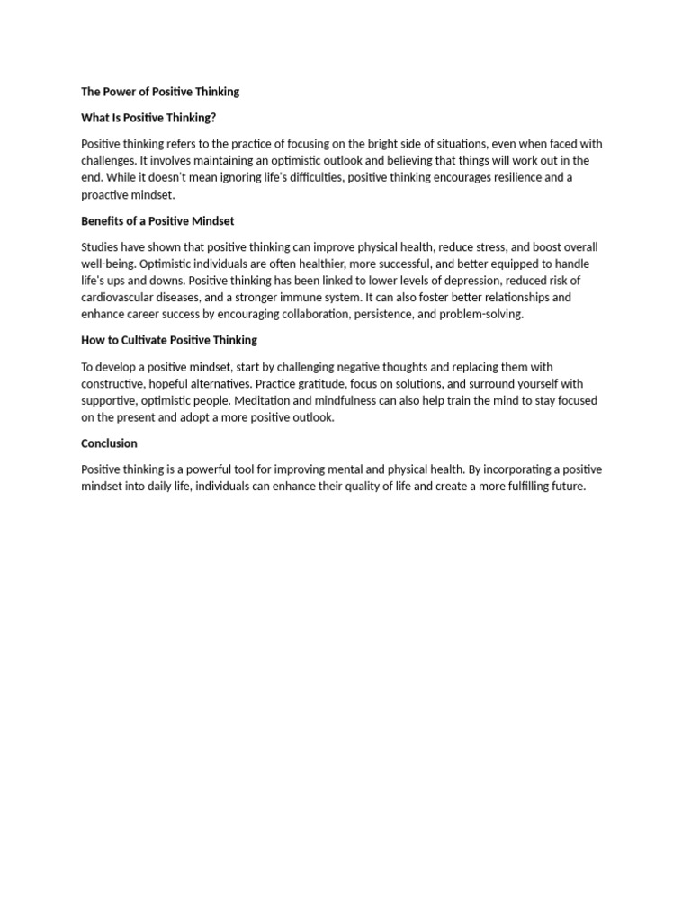 Benefits of Positive Thinking Explained | PDF