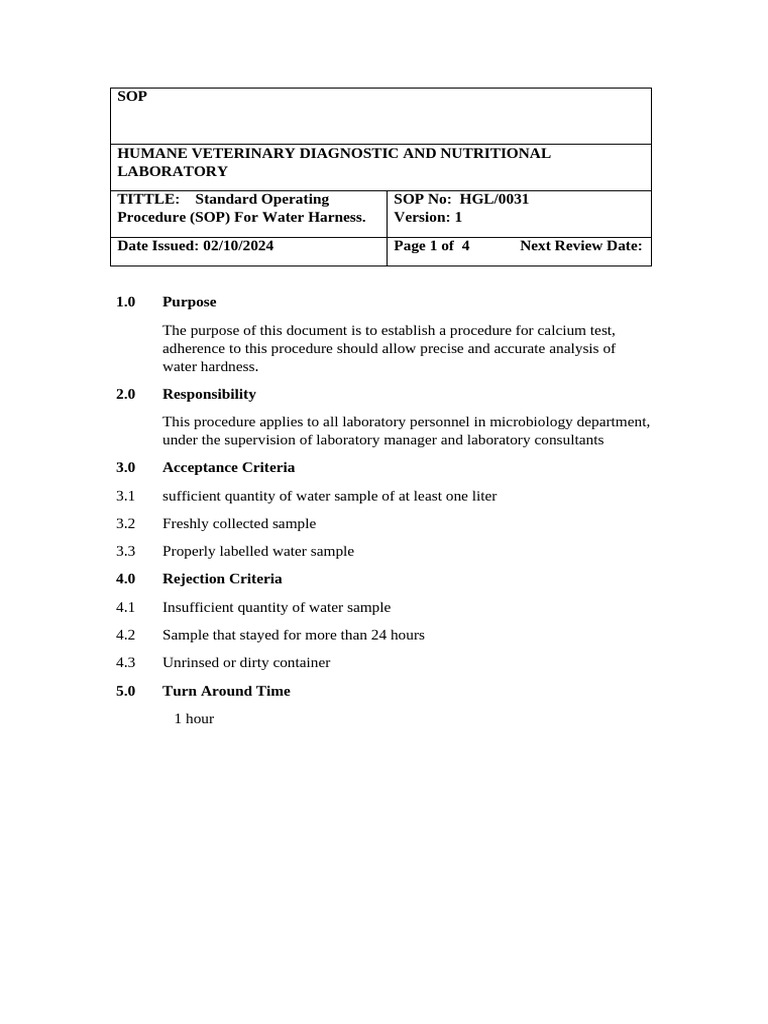 SOP for Water Hardness Testing | PDF | Titration | Chemistry