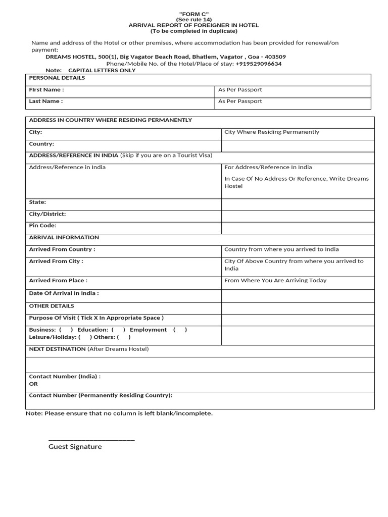 C form format dreams hostel dec 2022 pdf