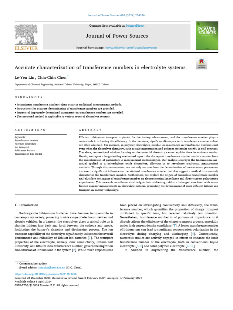 Accuracte Characterization of Transference Numbers in Electrolyte ...