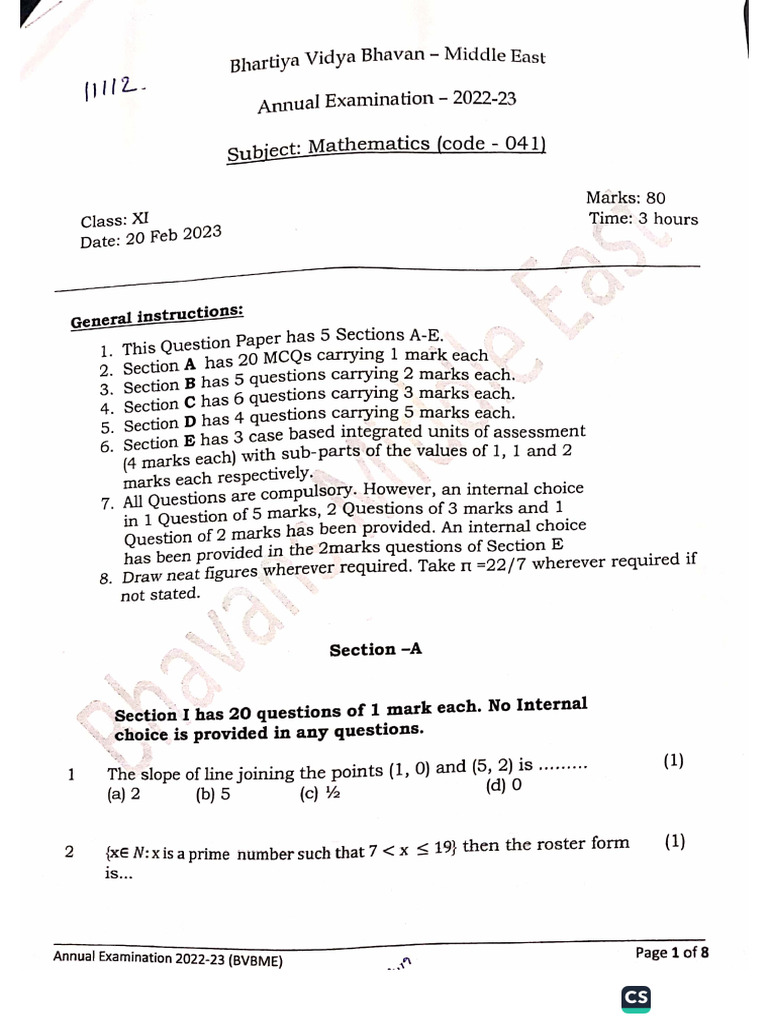 Math Annual Exam QP | PDF