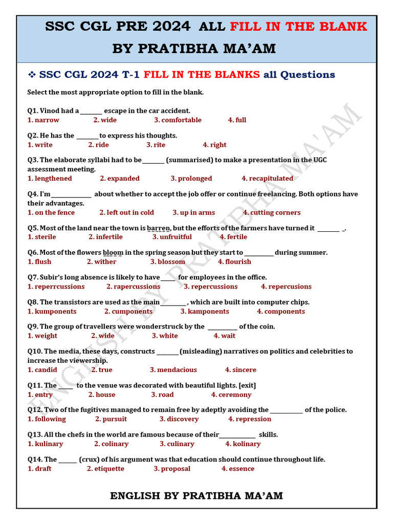 Fill Blank Cgl 2024 | PDF