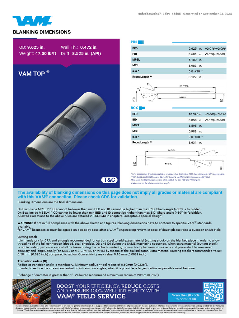 BLANKING VAM TOP ® 9.625in. 47lb-ft API Drift 8.525in. 87.5% | PDF