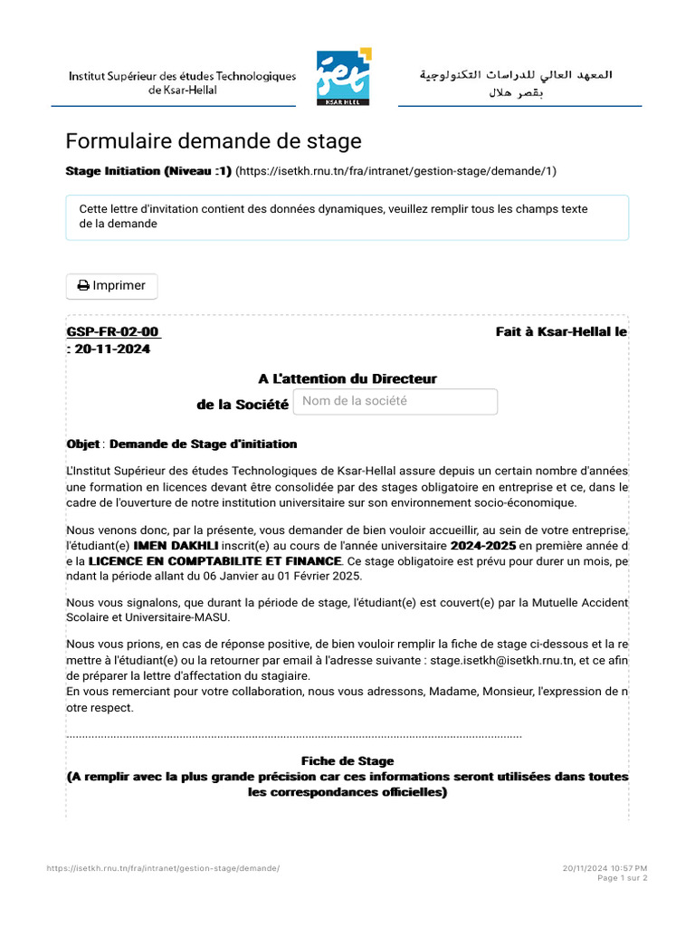 Demande d'affectation de stage | PDF