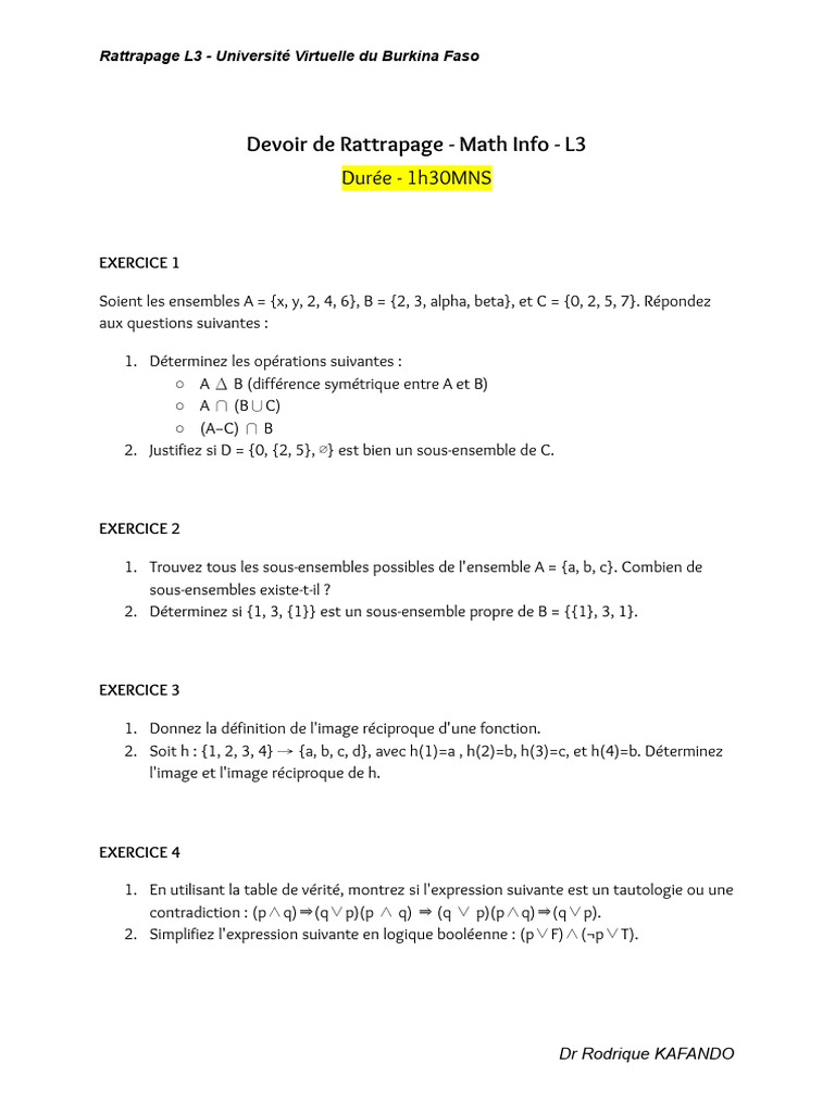Devoir de Rattrapage Math Info L3 | PDF | Mathématiques discrètes | Logique