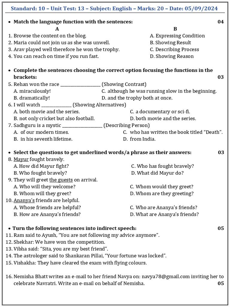 English Unit Test: Language Functions | PDF | Language Mechanics | Syntax
