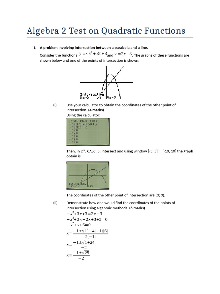 Algebra 2 Quadratic Functions Test | PDF | Quadratic Equation | Area
