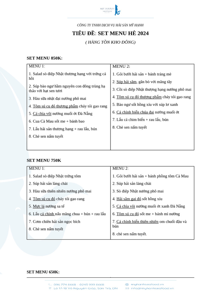 5 Set Menu Hè - Hàng Tồn Kho Đông | PDF