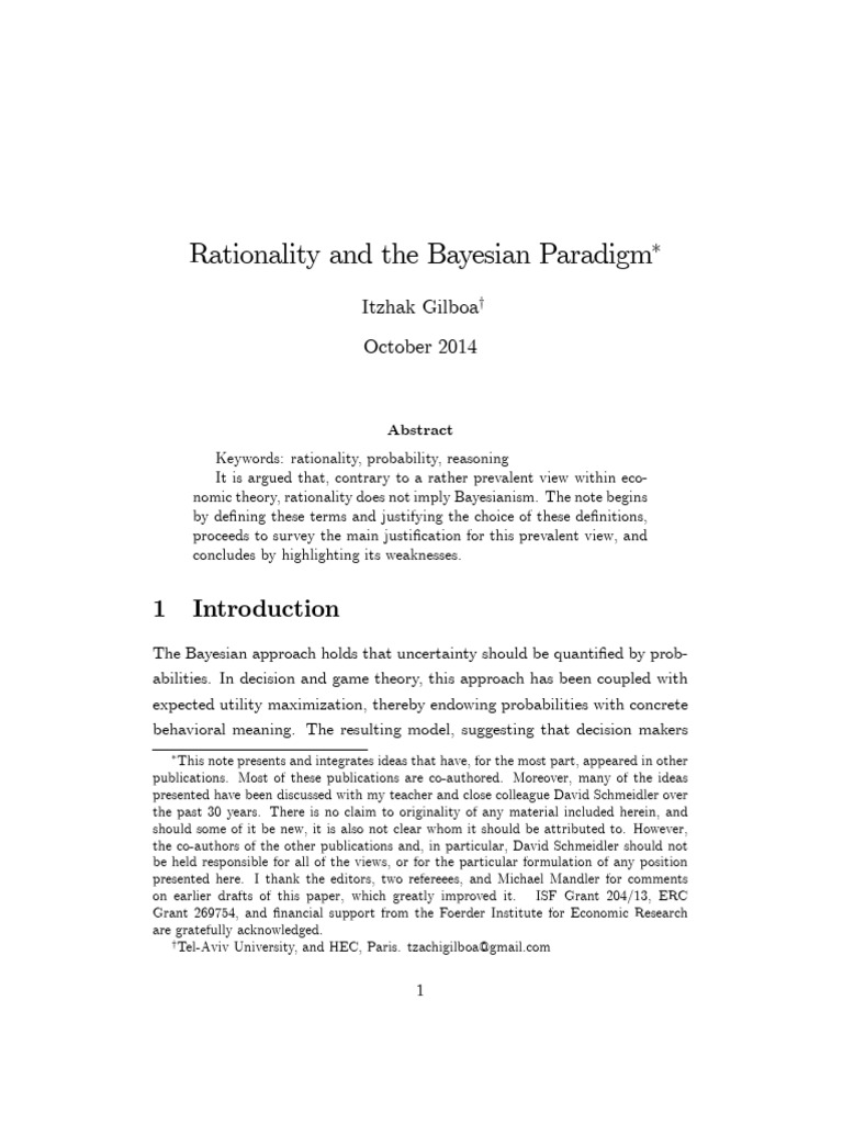 Gilboa Rationality and Bayesian Paradigm | PDF | Rationality | Theory