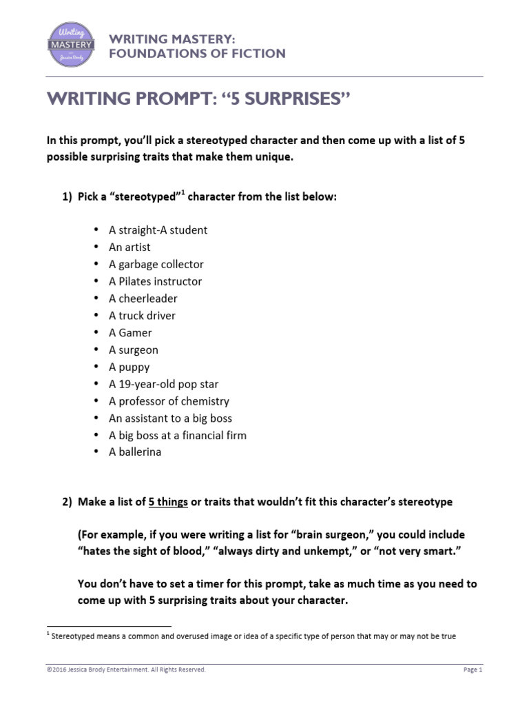 Writing Prompt - 5 Surprises | PDF